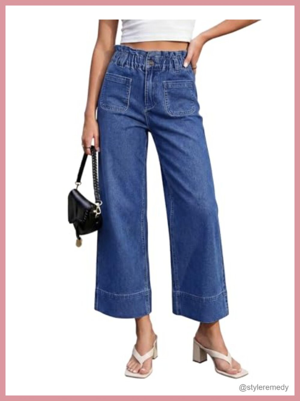 Wide Leg High Waisted Cropped Jeans Paper Bag Waist Stretchy Denim